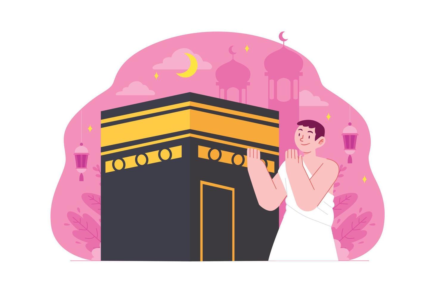 ramadan kareem mubarak concepto ilustración vectorial idea para plantilla de página de inicio, familia islámica, personas rezando juntas en mezquita, celebrando el mes sagrado en kabah, iftar, estilo plano dibujado a mano vector