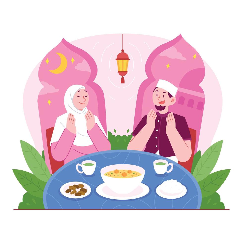 ramadan kareem mubarak concepto vector ilustración idea para la plantilla de página de inicio, fechas de fiesta iftar de la familia islámica, personas rezando antes de desayunar para el mes sagrado, estilo plano dibujado a mano