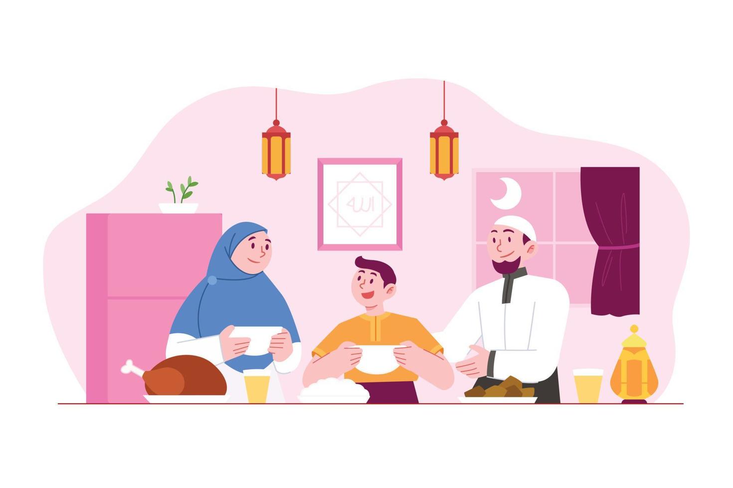 ramadan kareem mubarak concepto vector ilustración idea para la plantilla de página de inicio, fechas de fiesta de ramadán de la familia islámica, personas rezando antes de desayunar para el mes sagrado, estilo plano dibujado a mano