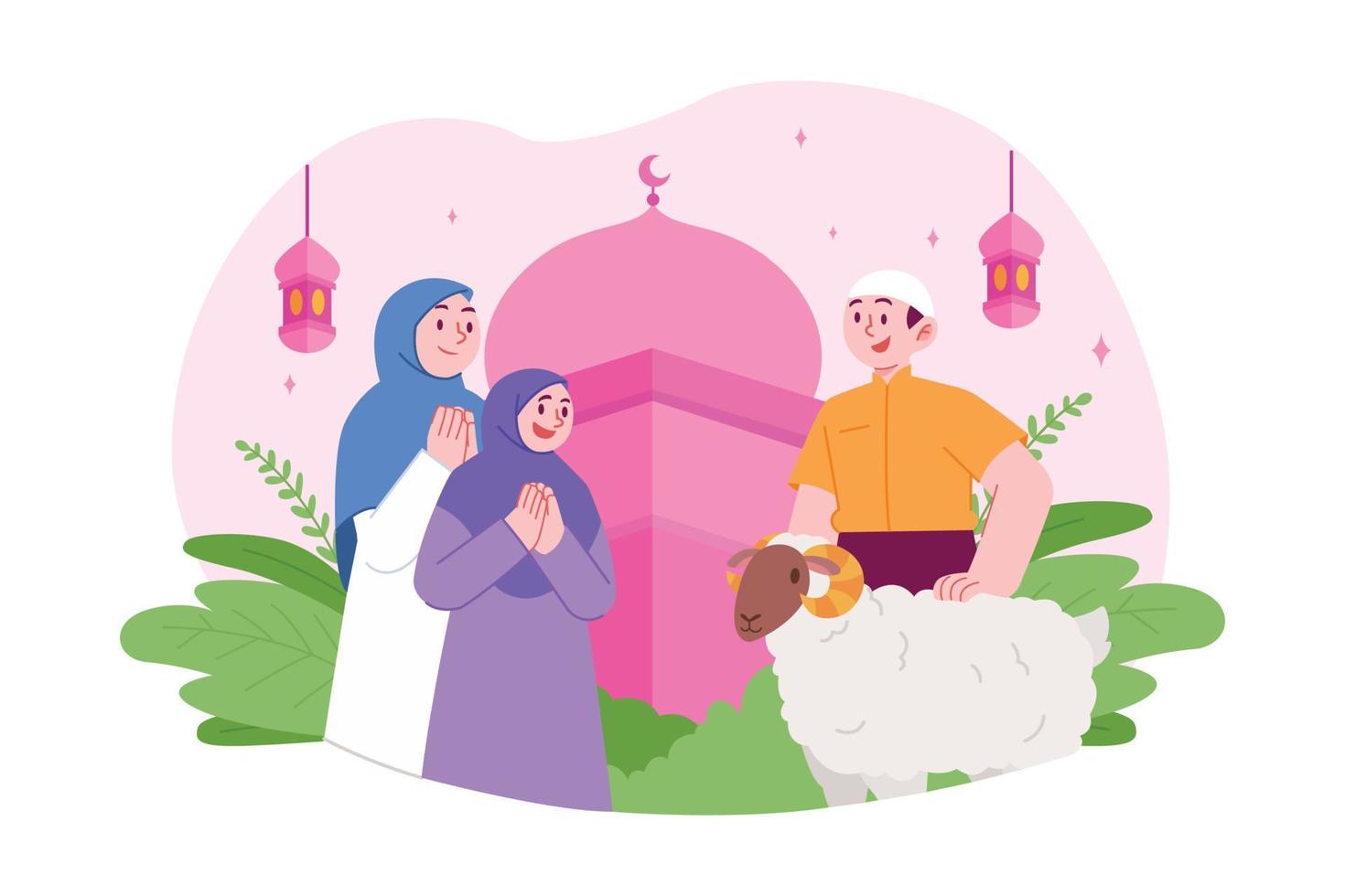 familia islámica eid mubarak concepto ilustración vectorial idea para la plantilla de página de inicio, feliz celebración de idul fitri, la gente perdona errores, tarjeta de felicitación, invitación, estilo plano dibujado a mano vector