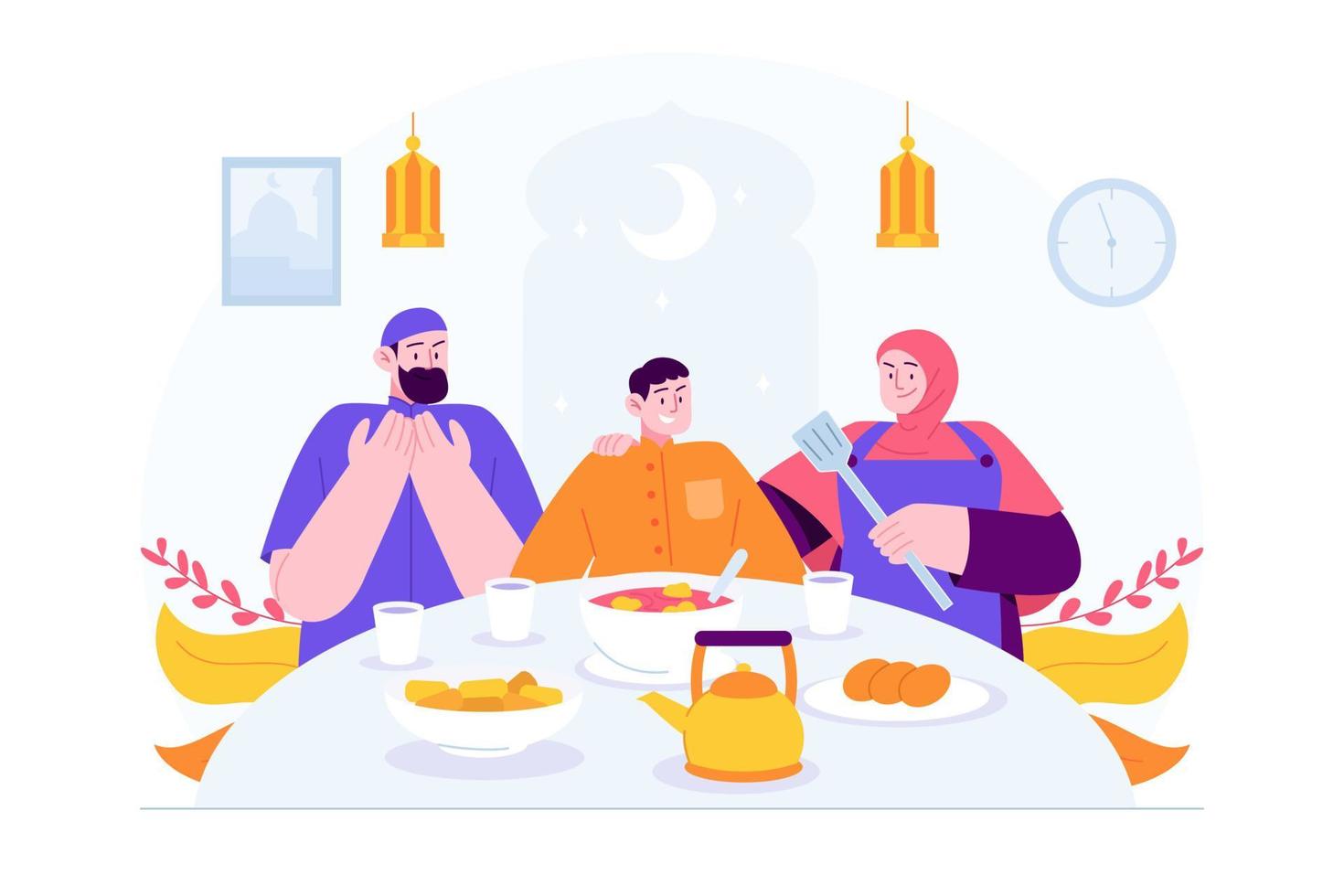 Ramadan Kareem Mubarak concept vector Illustration idea for landing page template, Islamic family Iftar party dates, people praying before breakfasting for the holy month, Hand drawn Flat Style