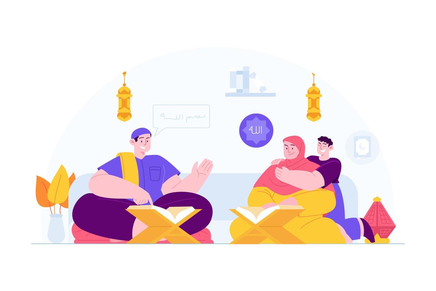 ramadan kareem mubarak concepto vector ilustración idea para plantilla de página de inicio, familia islámica aprendiendo corán, el libro sagrado, personas rezando en el mes sagrado, iftar, estilo plano dibujado a mano