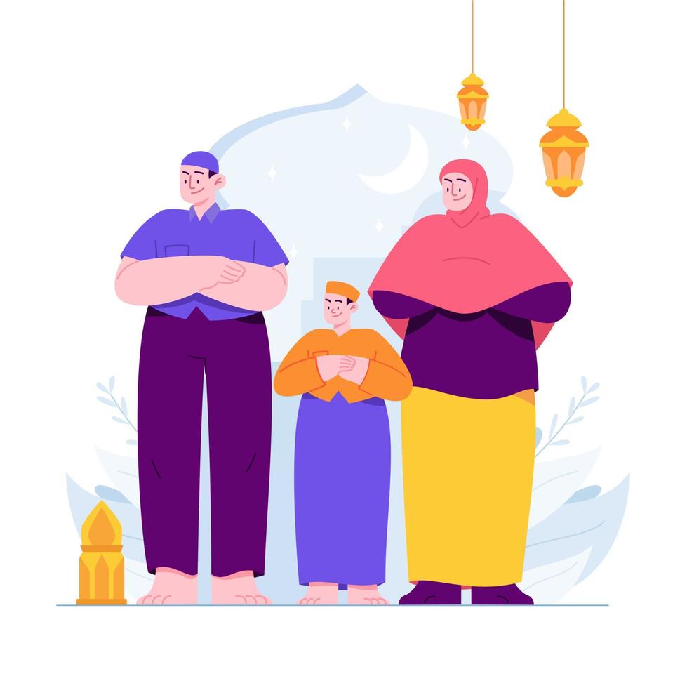 ramadan kareem mubarak concepto vector ilustración idea para plantilla de página de inicio, familia islámica, personas rezando juntas en mezquita, celebrando el mes sagrado, iftar, estilo plano dibujado a mano