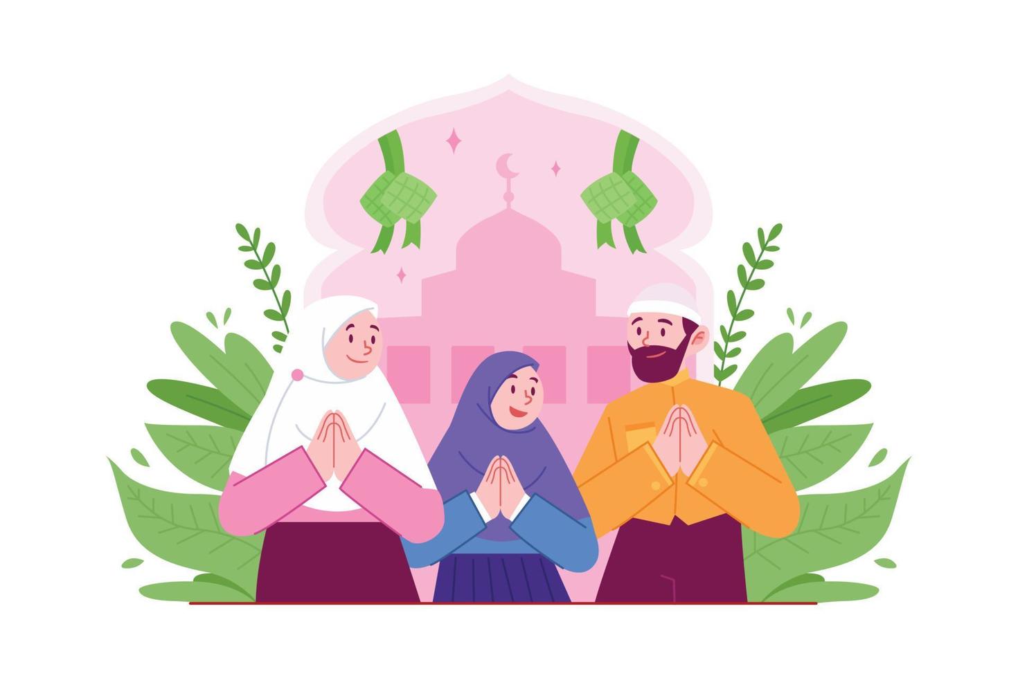 familia eid mubarak concepto vector ilustración idea para la plantilla de página de inicio, feliz idul fitri celebración, la gente perdona errores, tarjeta de felicitación, invitación, estilo plano dibujado a mano