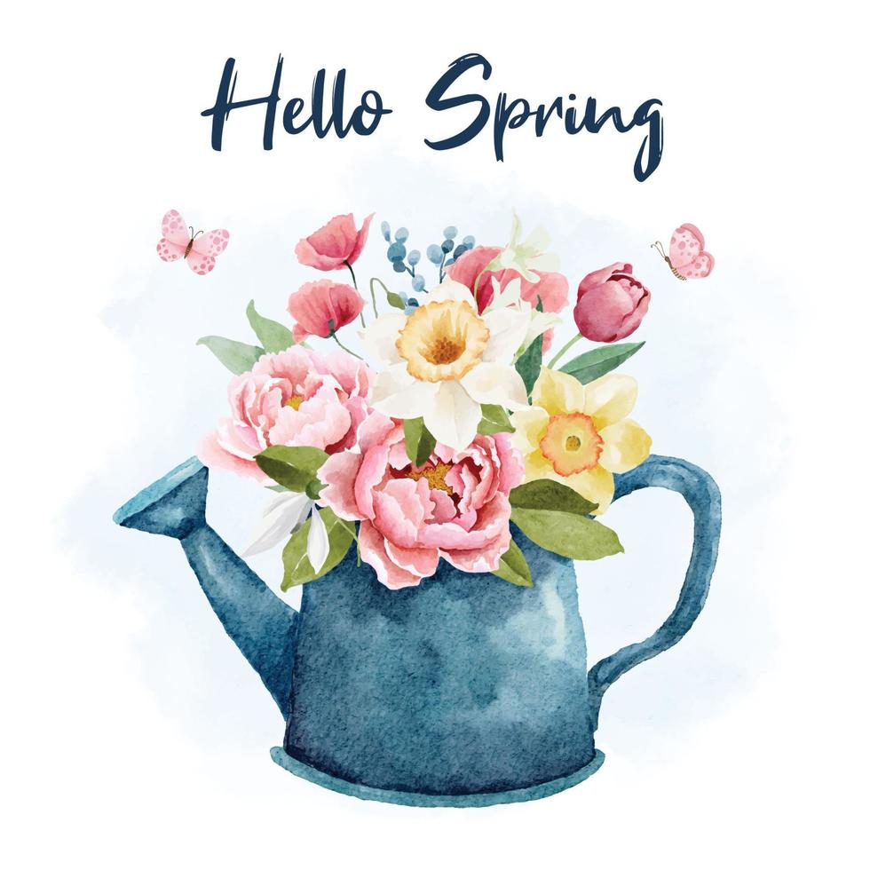Watercolor watering can with spring flowers vector