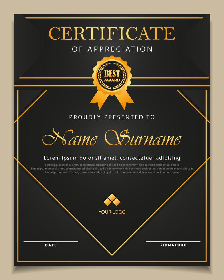 royal dark black certificate template with gold lines and emblem by vector design