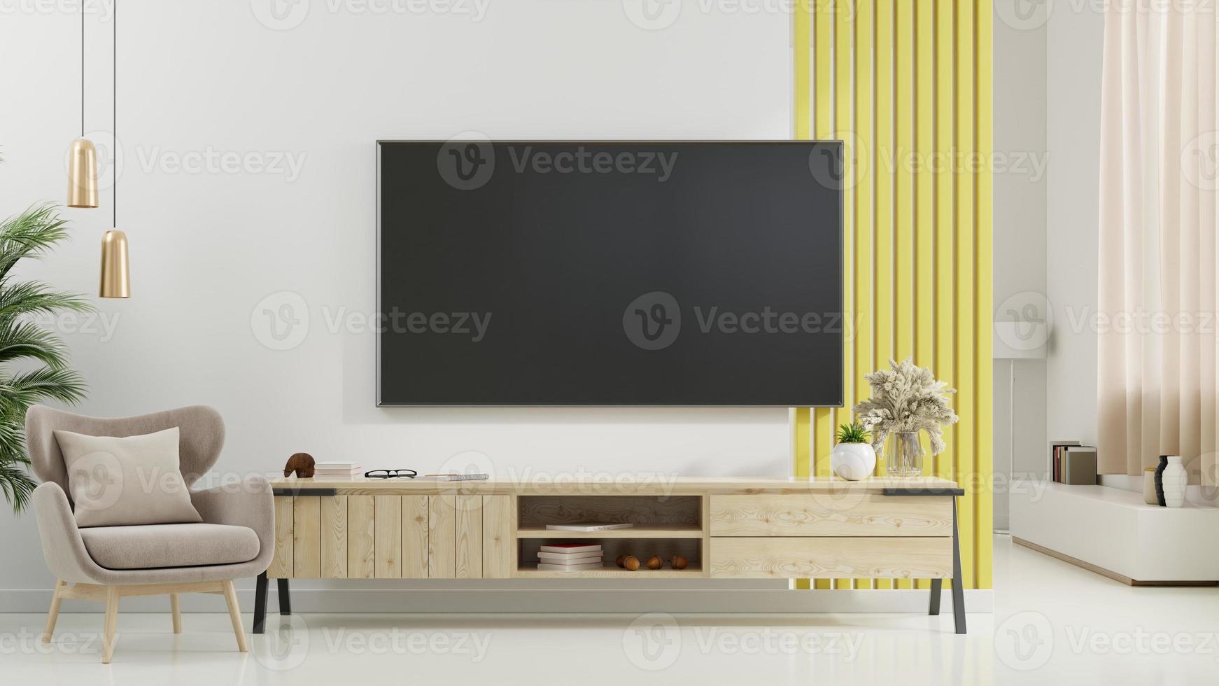 TV on cabinet in modern living room with armchair,lamp,table,flower and  plant on white wall background. 6046764 Stock Photo at Vecteezy