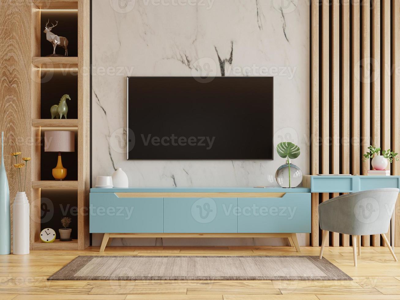 Home interior with armchair and tv on empty marble wall