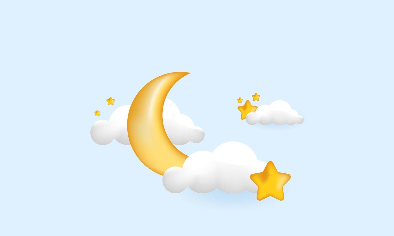 vector 3d realistic crescent moon golden stars white clouds