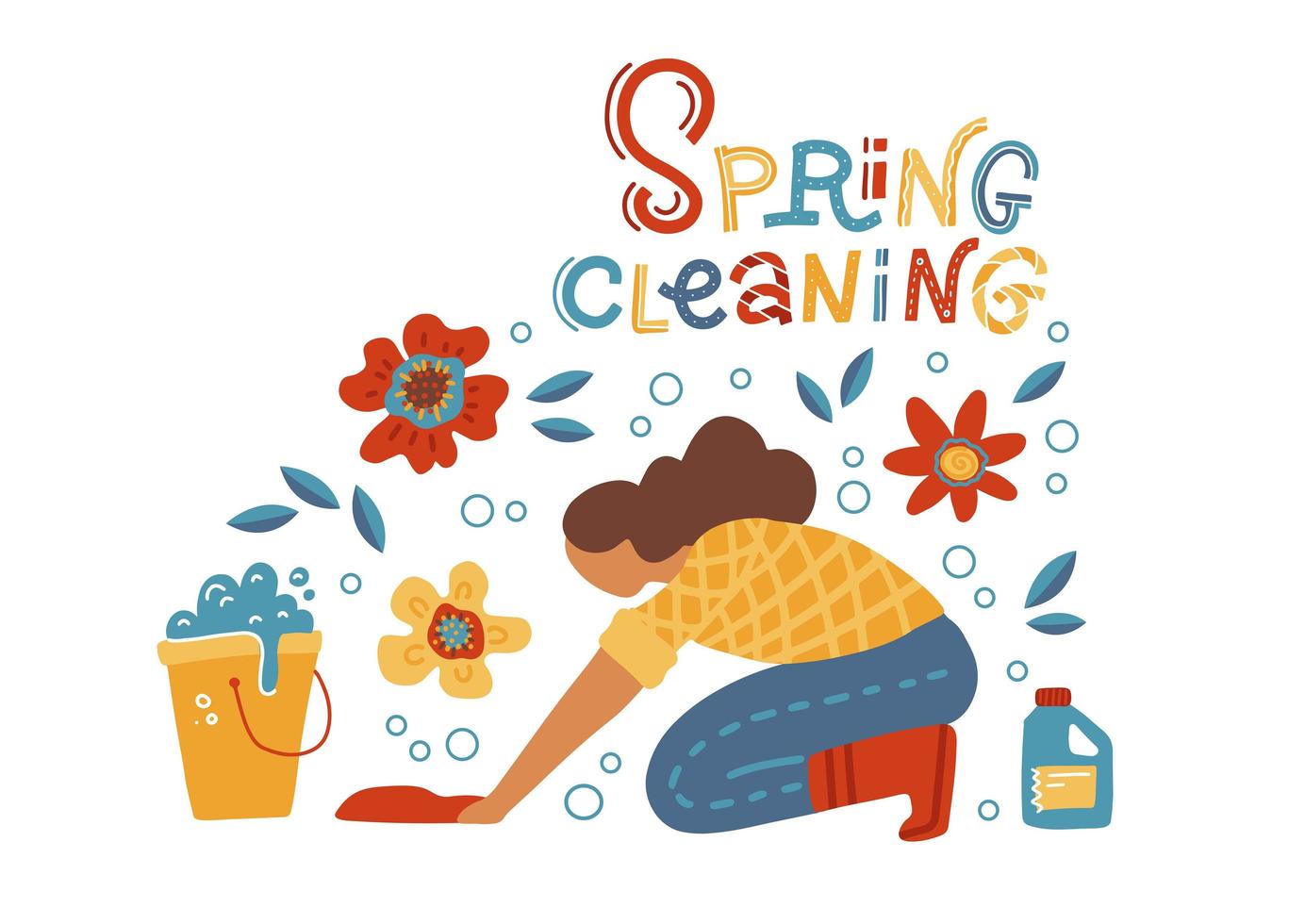 Housewife washing floor on knees. Woman cleaner using cloth and bucket. Spring cleaning concept with flowers. Girl doing housework. Cleaning service concept. Flat hand drawn vector illustration.