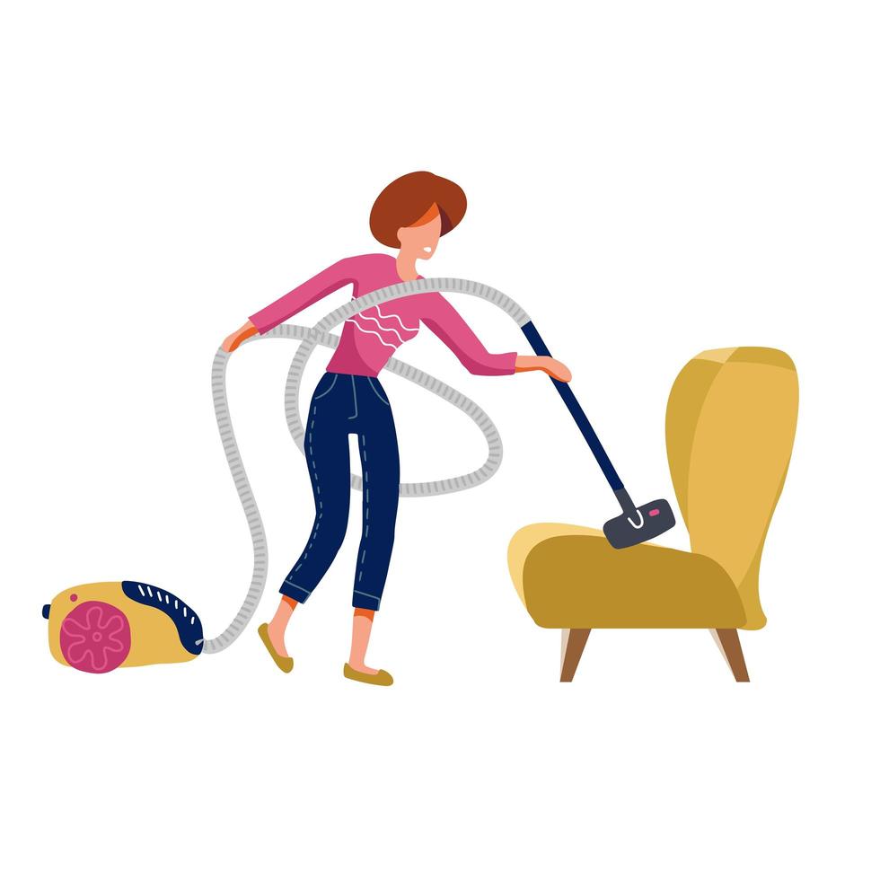 Funny woman vacuuming a sofa armchair on white background. Vacuum cleaner hose woman wraps around. Flat vector illustrration