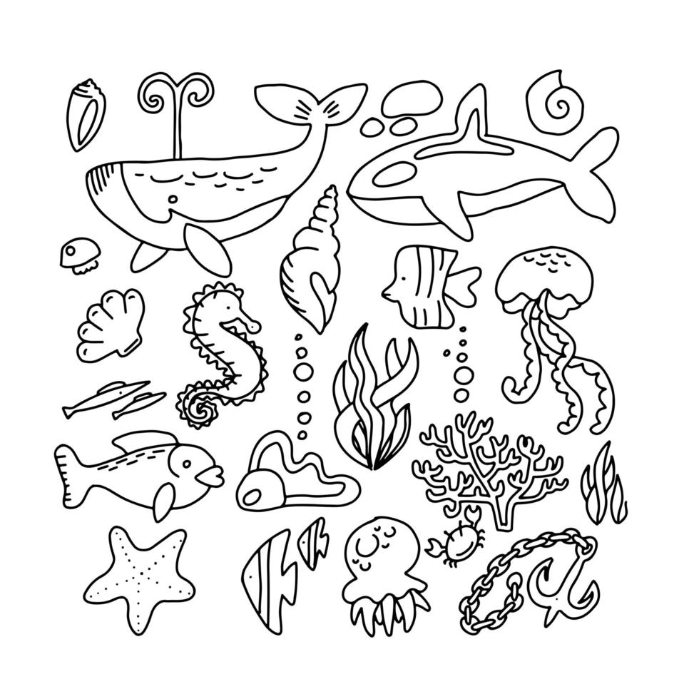 Graphic sea life collection. Vector ocean creatures isolated on white background. Coloring book page design for adults and kids