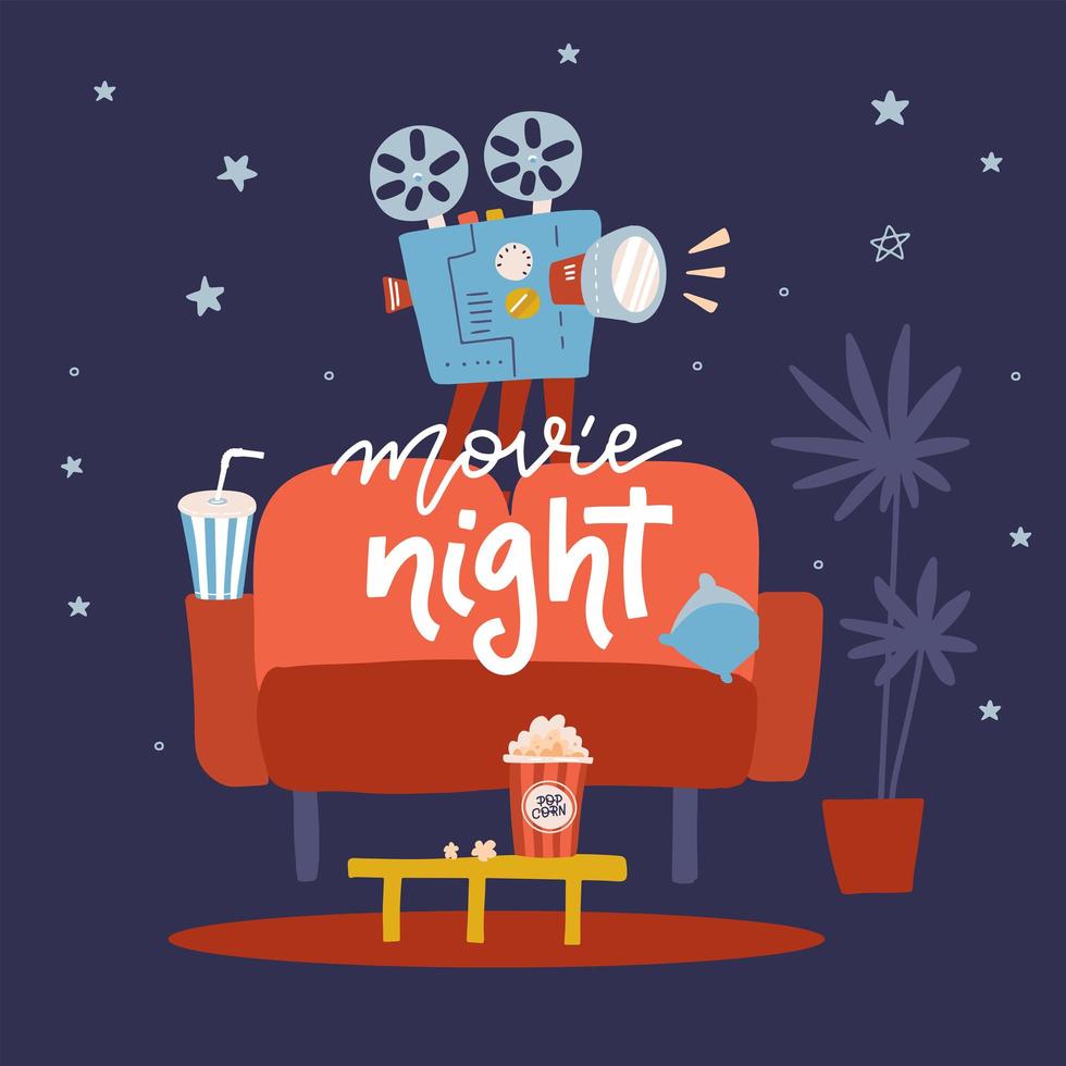 ilustración de diseño plano de noche de cine. diseño conceptual sobre ver películas en casa con sofá, palomitas de maíz, proyector de películas. para web, gráfico, diseño de movimiento vector