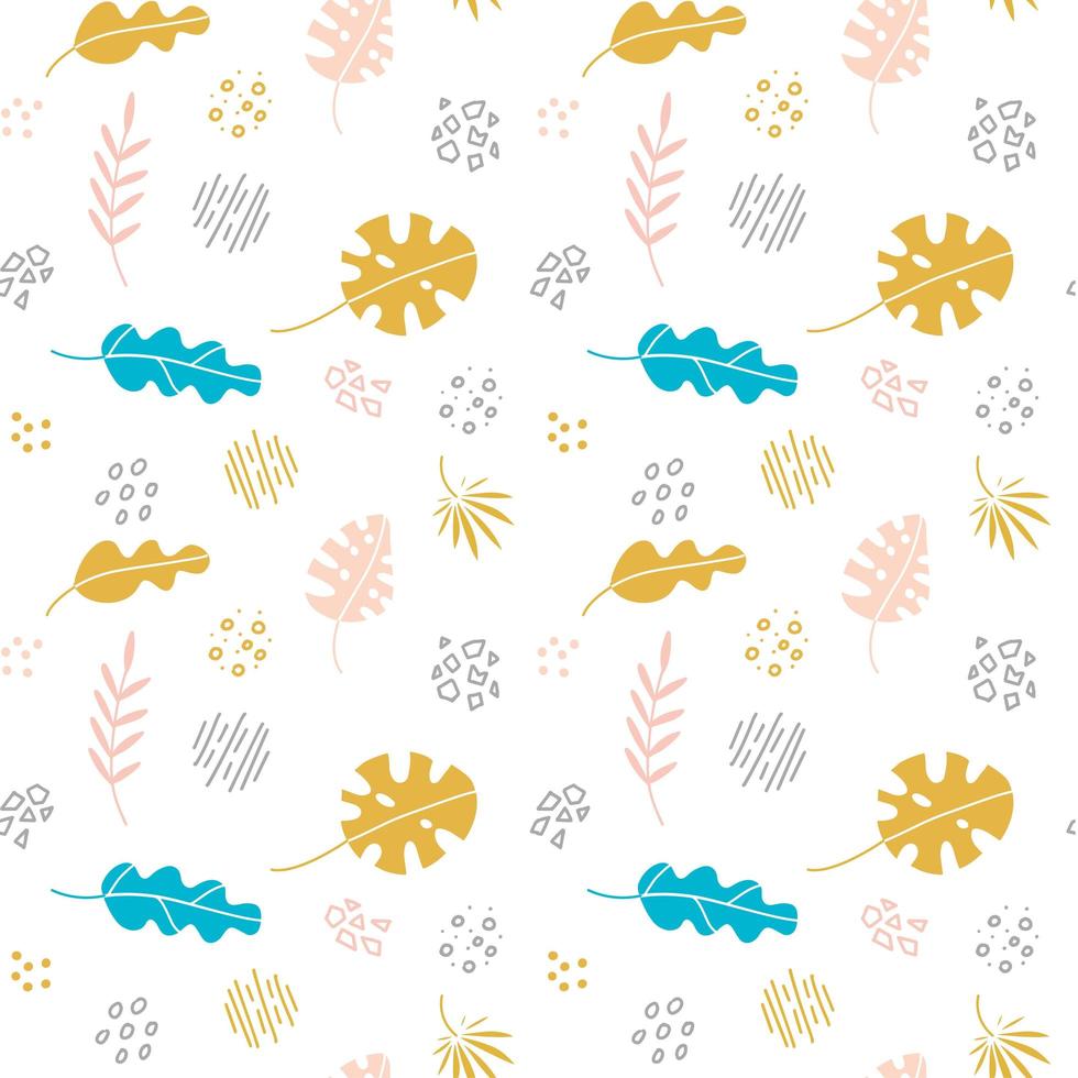 Abstract trendy seamless pattern with different shapes and tropical plants in sketch style. Floral elements drawn in scandinavian style. Modern textile, branding, packaging. vector