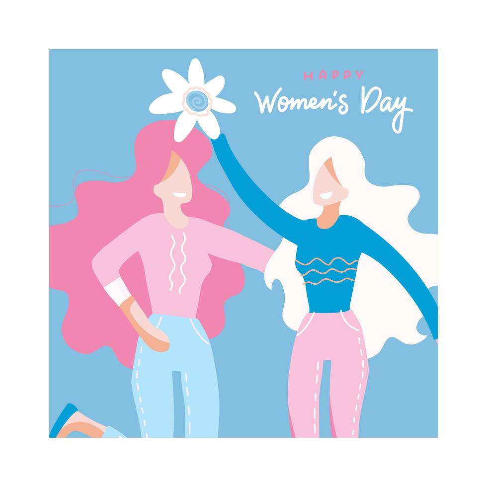 Square banner with congratulations to the International Women's Day with a two women holding a big flower, girls hugging. Flat hand drawn vector illustration with lettering