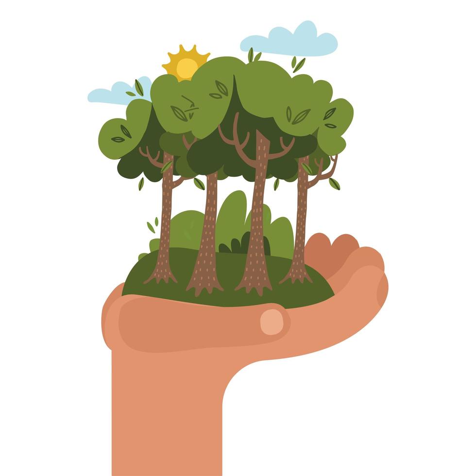 Human hand holding green tree forest with bushes, cloud and sun. Save the nature concept. Ecological print. Image for banners, flayers, article and social media. Flat vector cartoon illustration.