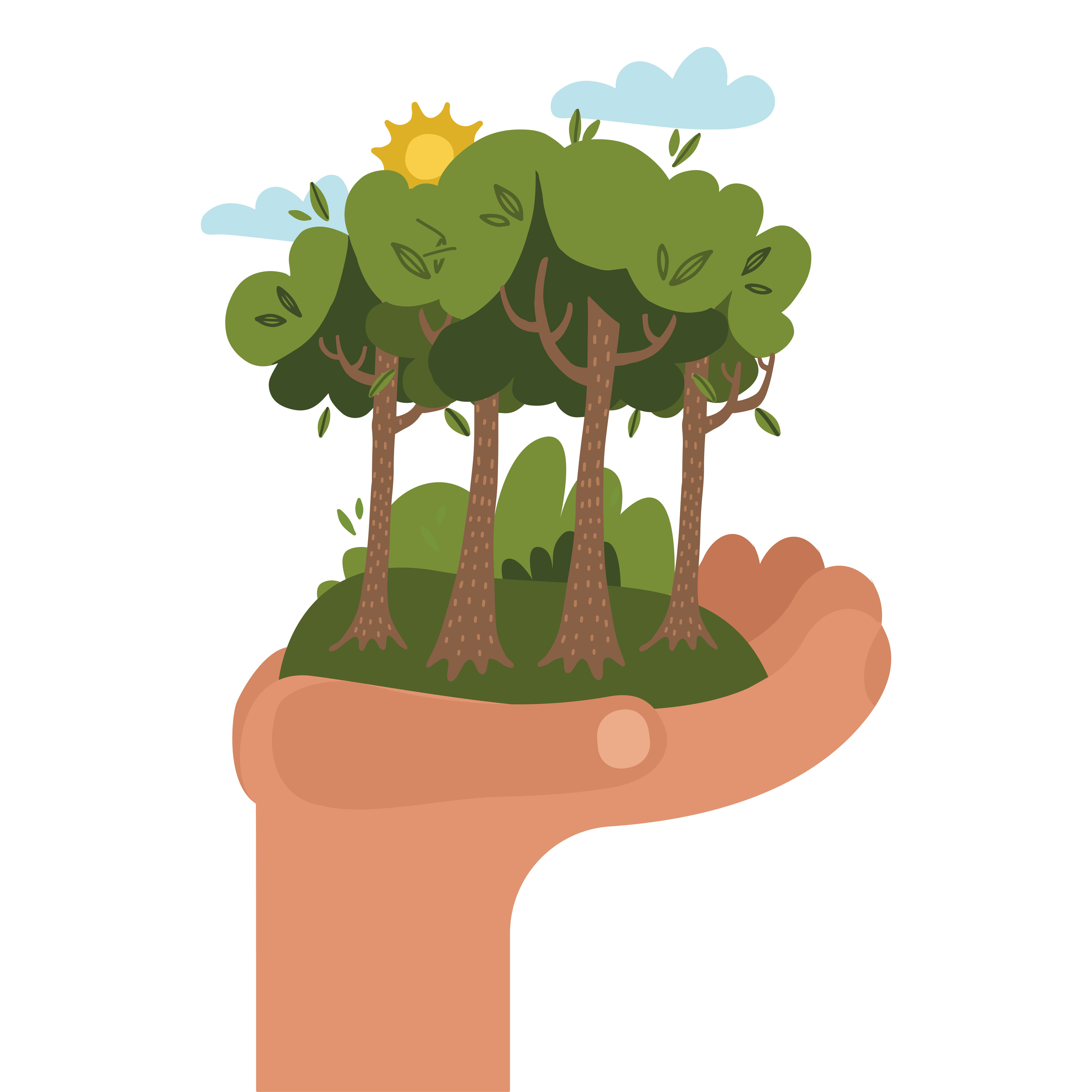 Human hand holding green tree forest with bushes, cloud and sun. Save the nature concept. Ecological print. Image for banners, flayers, article and social media. Flat vector cartoon illustration. 6047092 Vector Art Human hand holding green tree forest with bushes, cloud and sun. Save the nature concept. Ecological print. Image for banners, flayers, article and social media. Flat vector cartoon illustration. 6047092 Vector Art