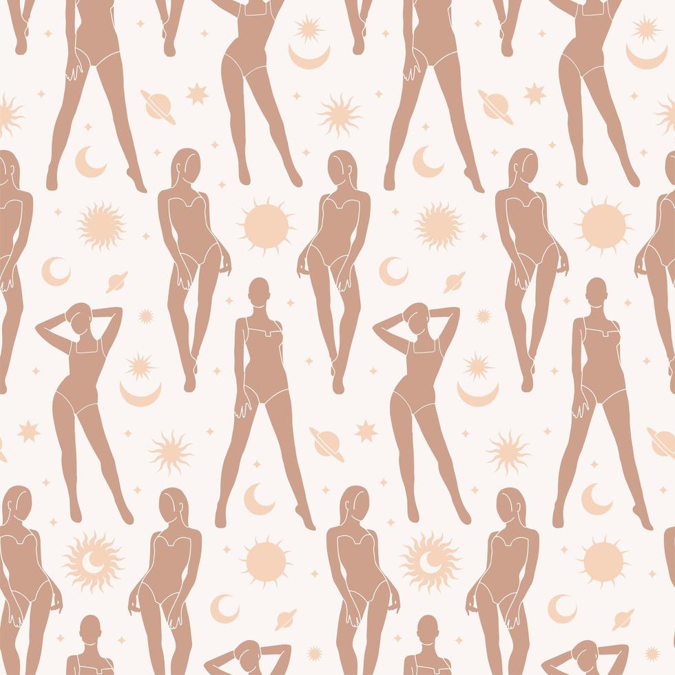 Celestial feminine magic astrology seamless pattern. Woman body silhouette fairy galaxy lunar mystic art boho moon esoteric astronomy star vector illustration.