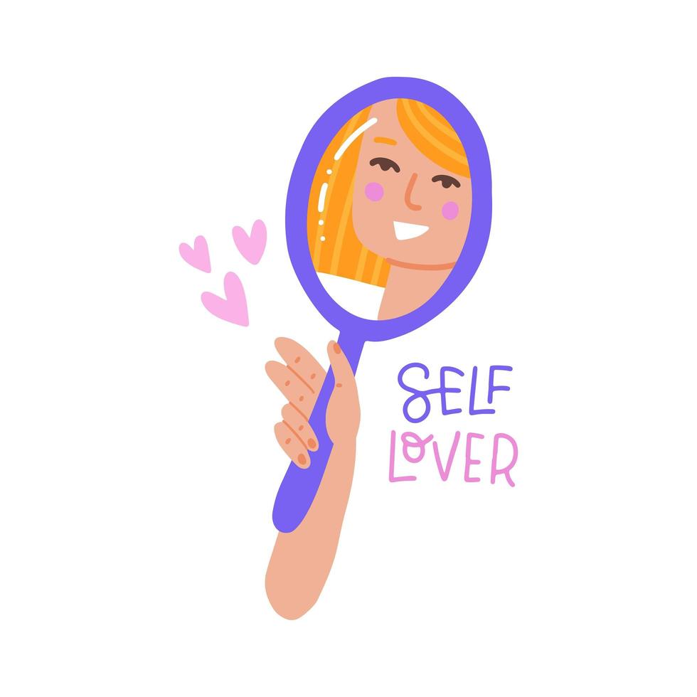 Hand holding mirror with smiling female face reflection. Concept of self-acceptance and self-love. Flat hand drawn vector illustration of mental health. Self lover lettering text.