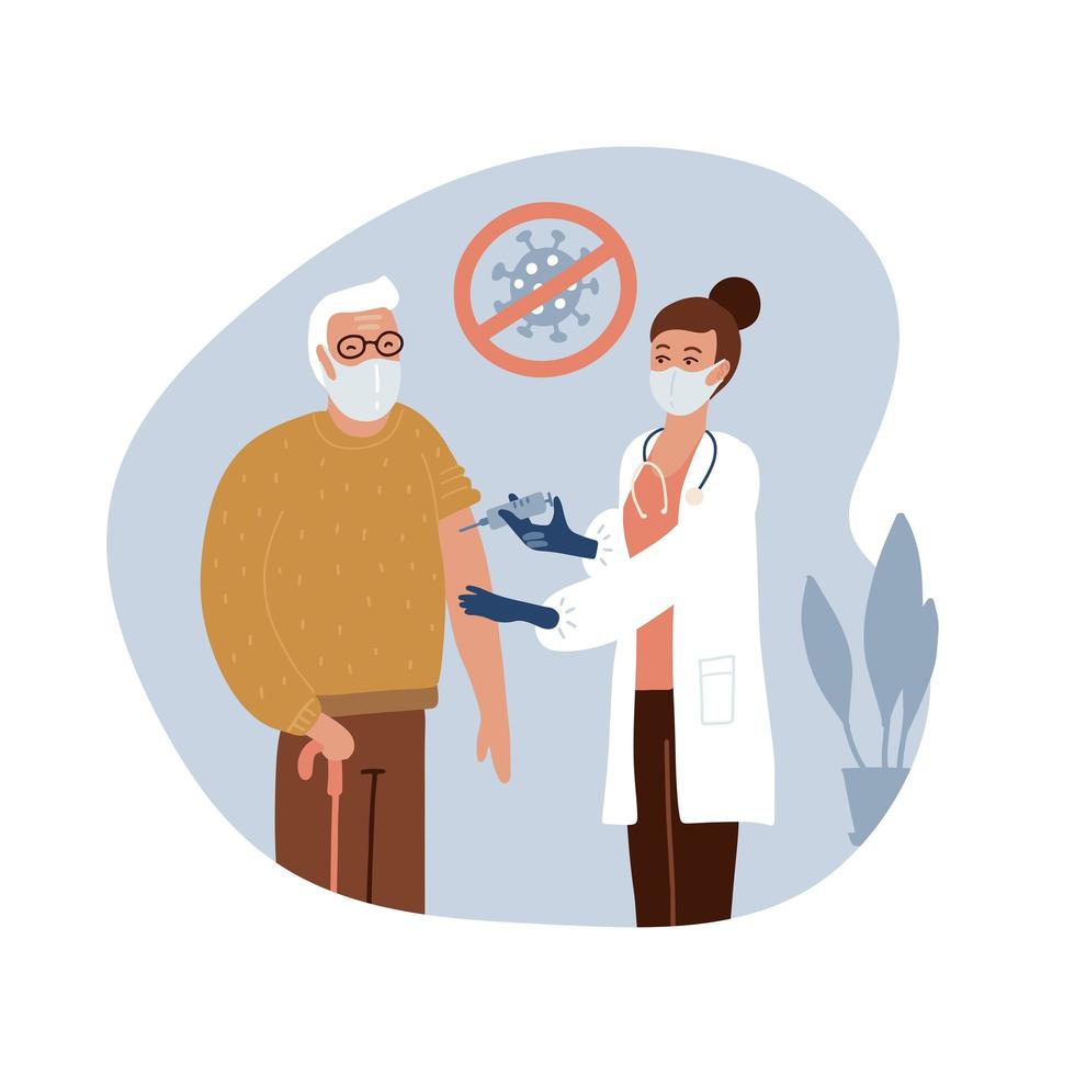 Senior old man at the doctor in the hospital is vaccinated. Time for vaccination against COVID-19. Vector flat hand drawn illustration