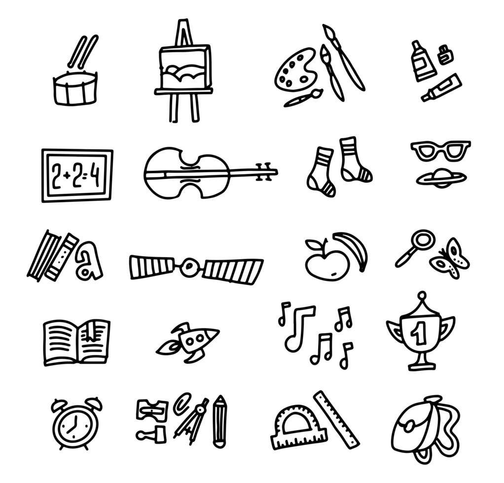 School Icons. Back To School. Hand Drawn Doodle Icon Set. Sketchy vector outline cartoon set of School objects and symbols. Freehand drawing art school items