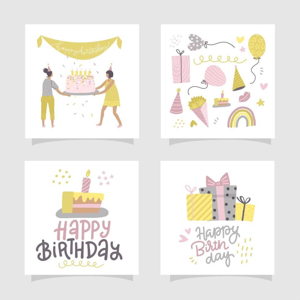 Happy birthday greeting card or party invitation set. Square concept. Hand dawn flat cartoon vector illustration with writen lettering text.