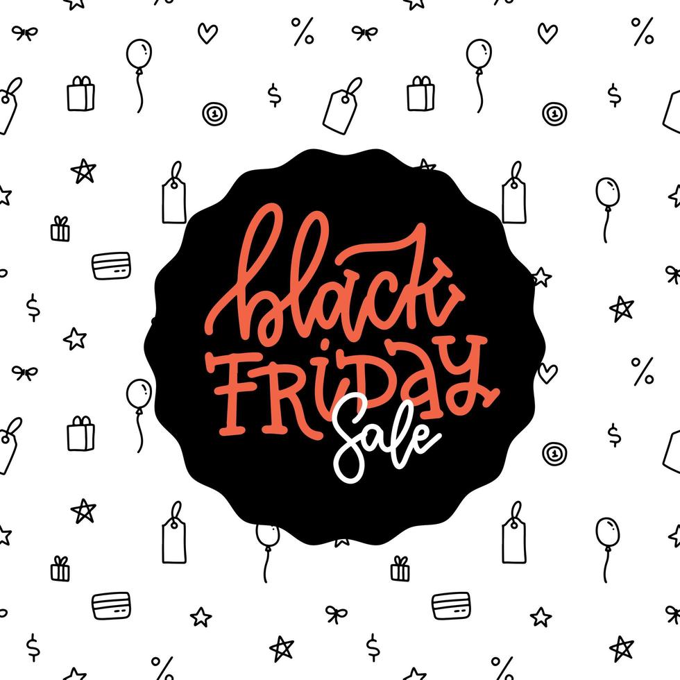 Black Friday Slae inscription design template. Black Friday lettering banner in linear pattern background. Vector hand drawn illustration.