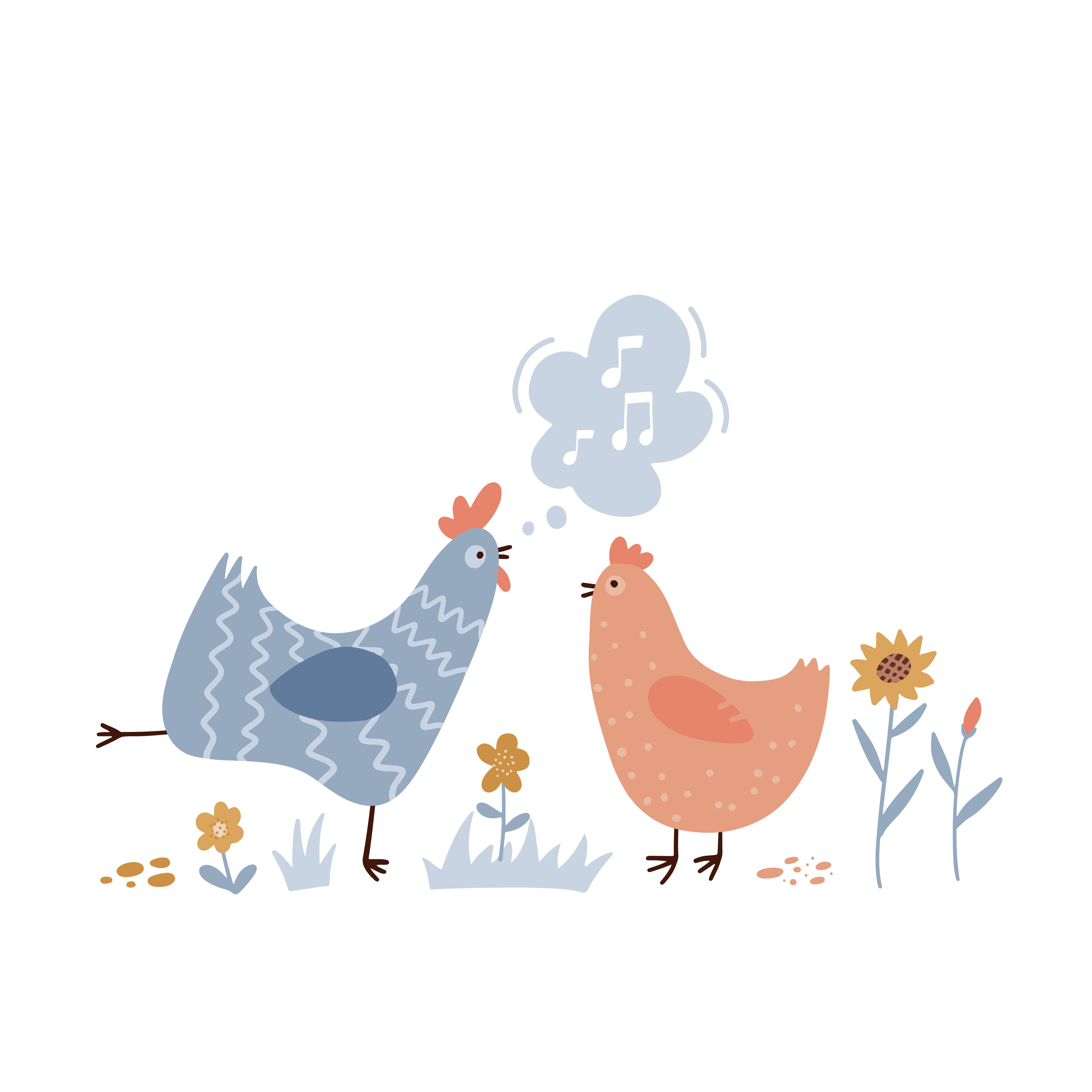 Rooster singing songs for hen. Cute and funny chicken listening to