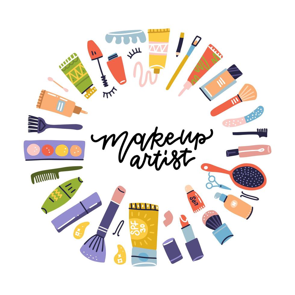 Beauty shop cosmetic label doodle frame for makeup artist. Lipstick and shampoo, powder and mascara, lotion bottle and cream icons. Cosmetics items. Vector Flat hand drawn icons illustration