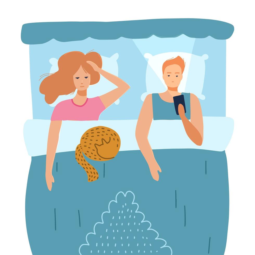 Sleepless Couple of young people. Insomnia concept. Top view. Man and woman lying in the bed. Vector character illustration in a flat style.