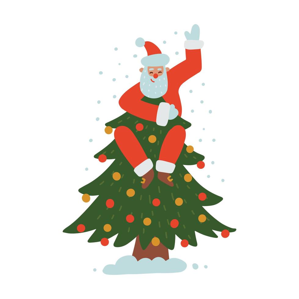 santa claus en la parte superior del árbol de navidad. historia de vacaciones de escalada en interiores. plantilla para tarjeta de navidad y año nuevo, pancarta, carta de invitación, publicidad. ilustración vectorial plana. vector