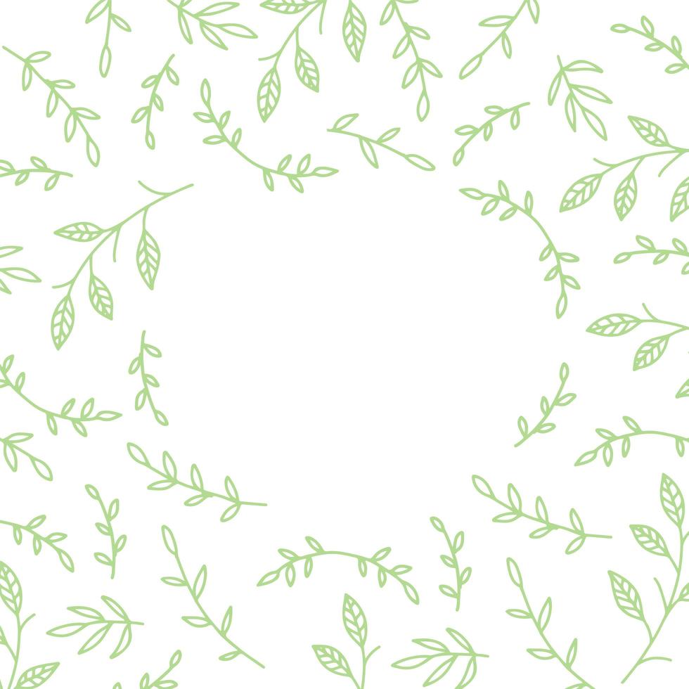 Leaf and branches background with free spase for text. Green pattern with leaves in minimal line doodle style. Decorative frame package backdrop. vector