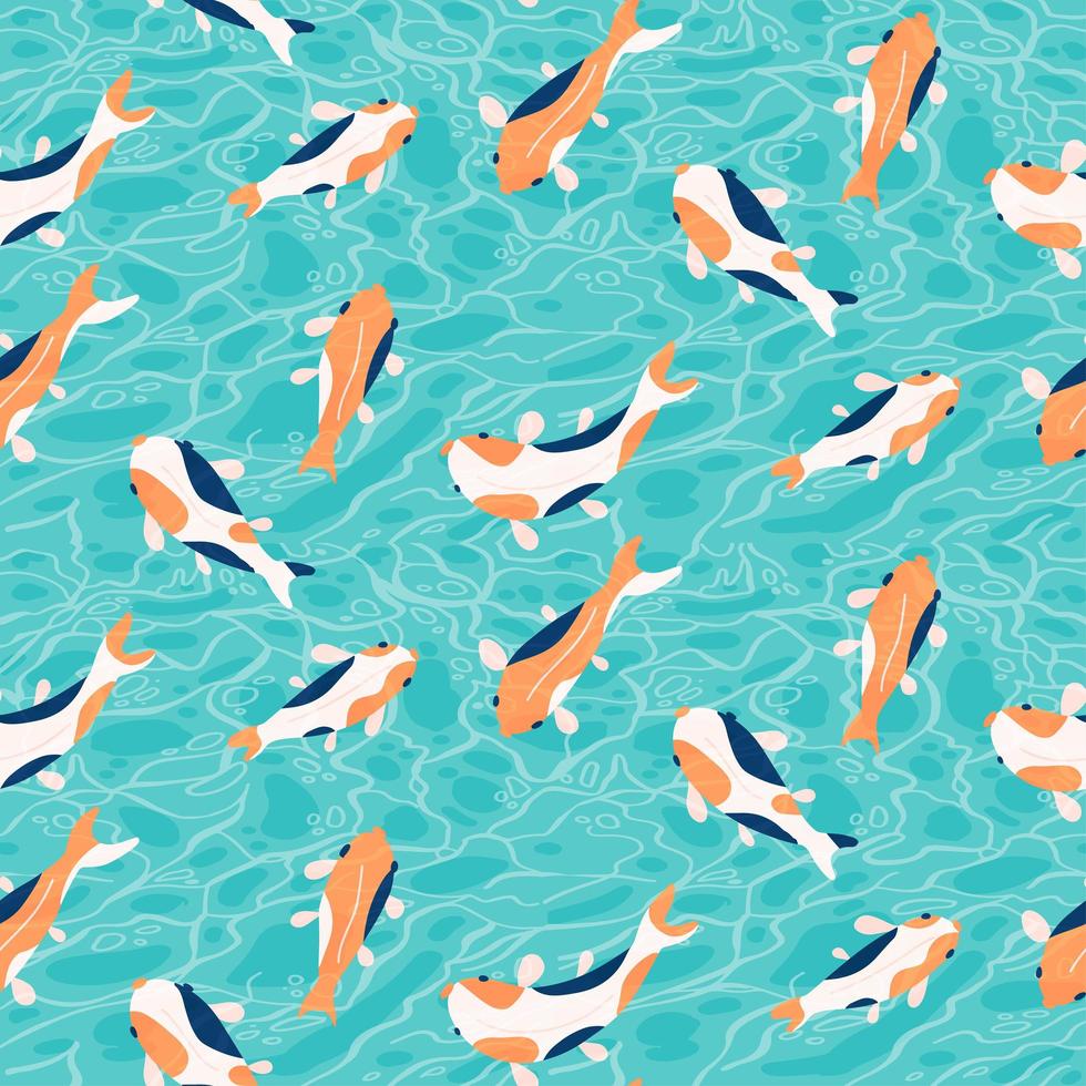 Realistic detailed hand drawn seamless pattern with golden and black koi carps on background of clear blue water waves for textile or paper print. Flat vector illustration.