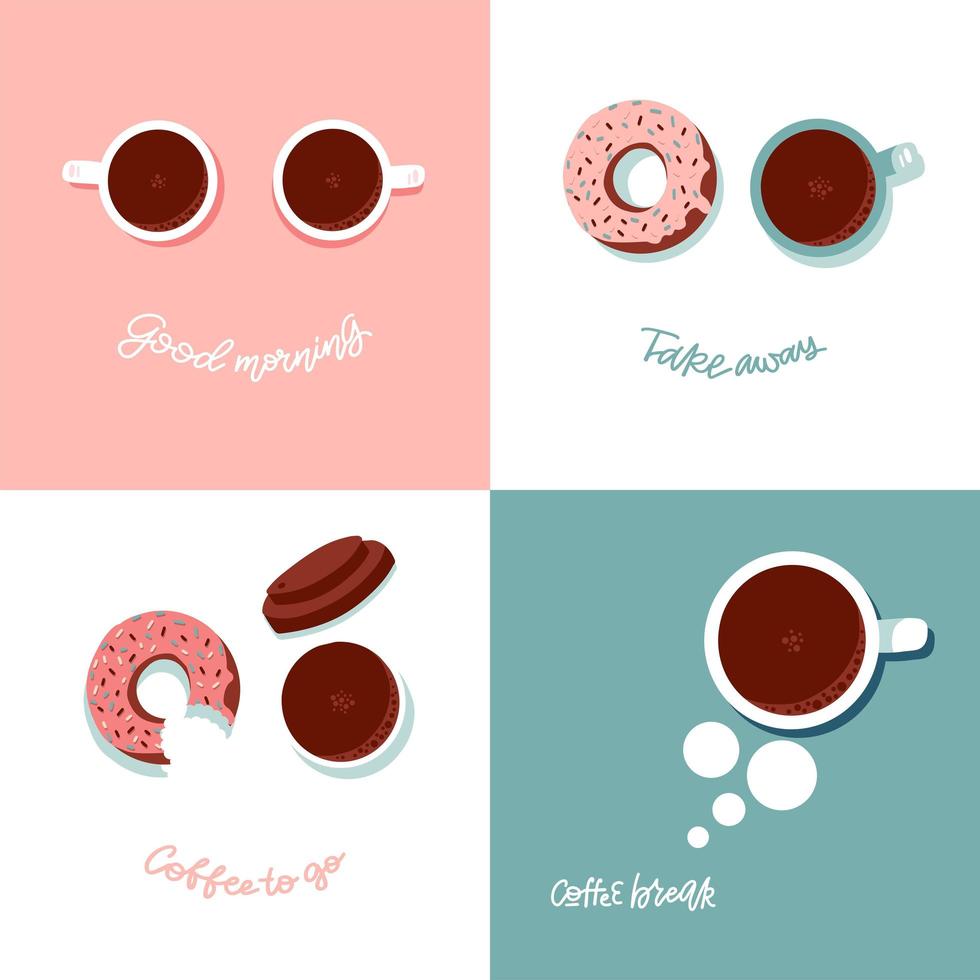 Banner for coffeeshop set. Coffee break time with donut and cup top view. Flat vector illustration with funny face imitation. Lettering quotes - Good morning, coffee break, Take away, Coffee to go