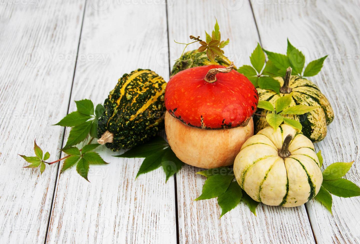 Pumpkins with autumn leaves photo