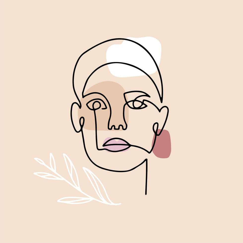 Continuous linear drawing of woman face with abstract floral elements, fashion concept, woman beauty minimalist with geometric doodle in pastel colors. One line continuous drawing. vector illustration