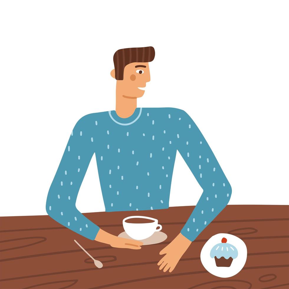 Man cartoon character sitting at table in restaurant and drinking coffee with cake. Young guy wearing knitted sweater in coffee shop or cafe. Flat vector illustration isolated on white background.