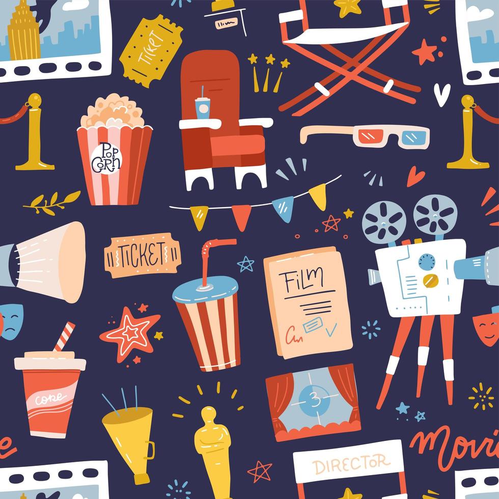Seamless pattern with flat movie icons on dark blue background. Reel, Camera, Ticket, Clapperboard and Fast Food. Cartoon hand drawn Vector Illustration.