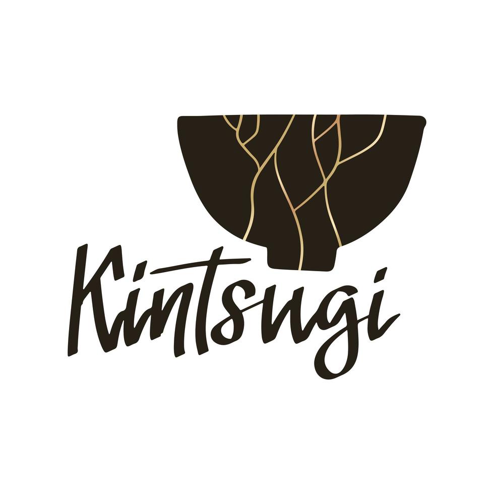 Kintsugi - lettering word. Flat vector stock illustration of bowl with calligraphy text. Japan art of repairing.