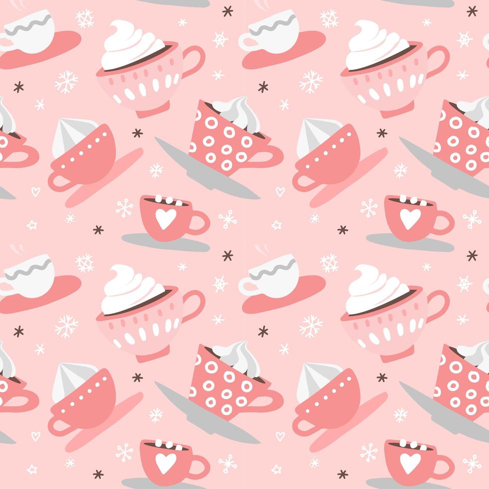 Seamless pattern with hand drawn pink Valentine's Day romantic cute cups, mugs, hearts, coffee, cocoa and more. Vector illustration background in pink and white colors