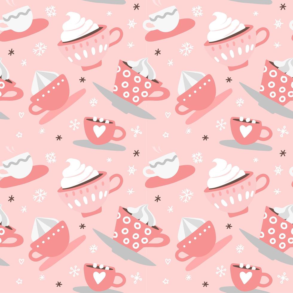 patrón sin costuras con tazas, tazas, corazones, café, cacao y más románticos de San Valentín rosados dibujados a mano. fondo de ilustración vectorial en colores rosa y blanco vector