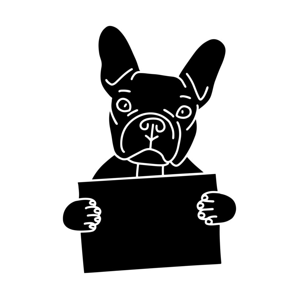 Cute black French bulldog is holding an empty sign with place for your text. Silhouette of Dog isolated on white background. Simple vector illustration.