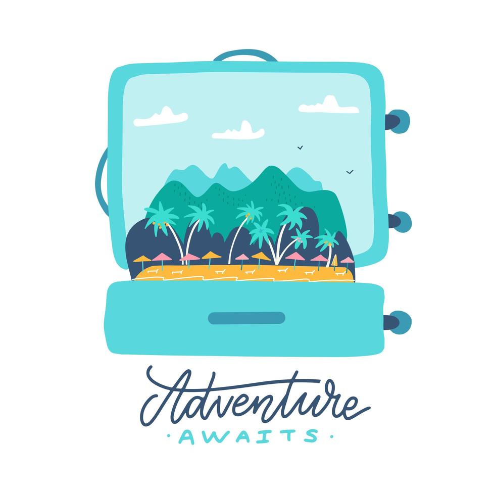 Adventure awaits - lettering quote. Open travel suitcase with tropical island, palm trees, umbrellas and mountains inside. Flat vector illustration.