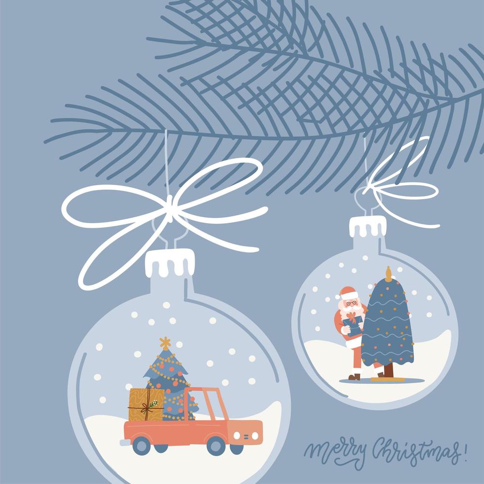 Christmas glass toy hanging on spruce twig. Xmas decor with car, fir tree and Santa inside. Square greeting card template. Vector flat hand drawn illustation.