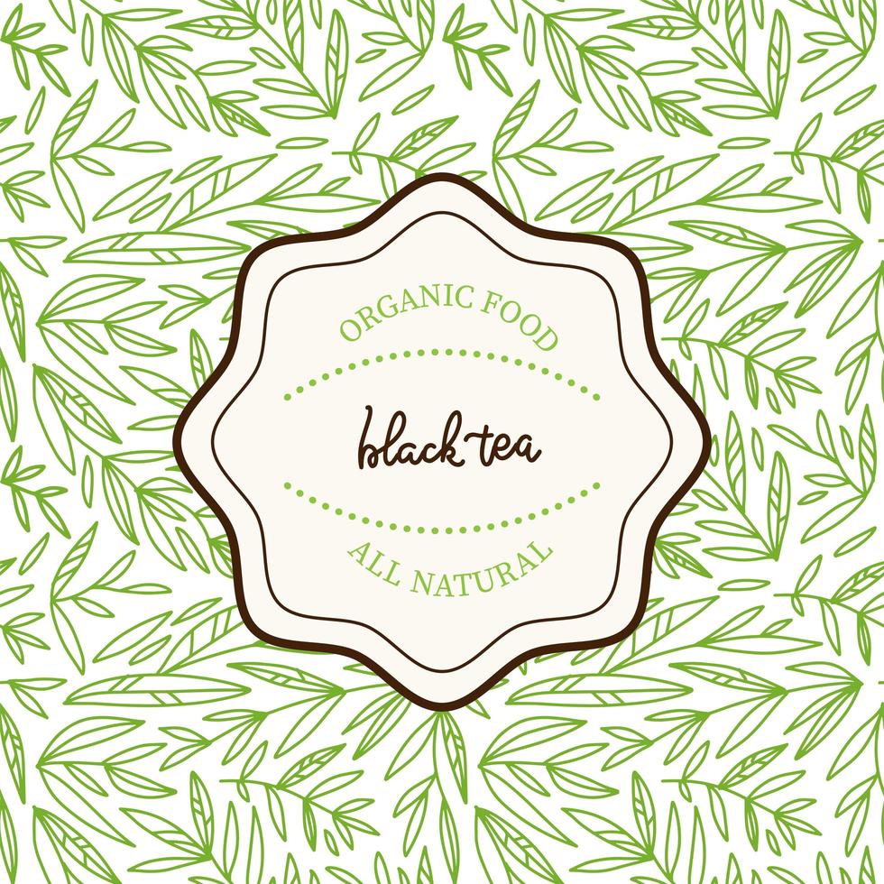 Tea leaves design template. Vector seamless pattern with hand drawn linear branches sketch. Vintage floral background isolated on white. Vector illustration with lettering