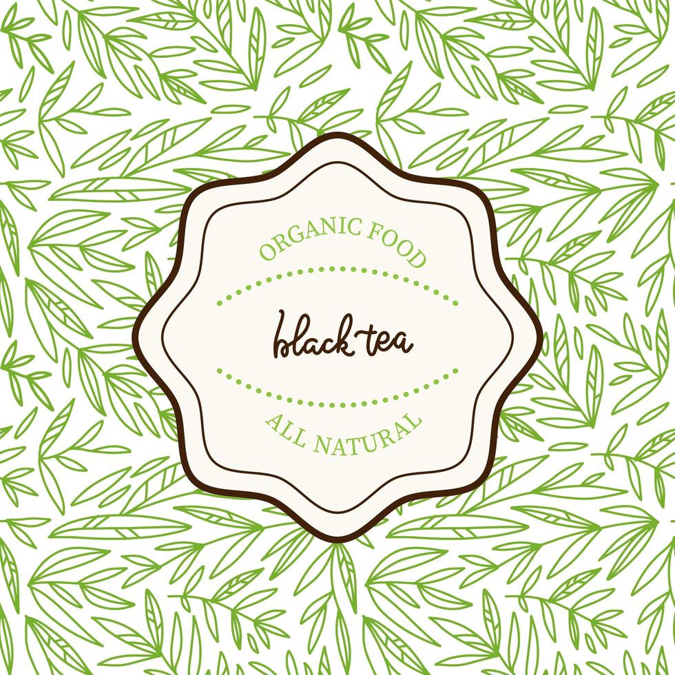 plantilla de diseño de hojas de té. vector de patrones sin fisuras con bosquejo de ramas lineales dibujadas a mano. fondo floral vintage aislado en blanco. ilustración vectorial con letras