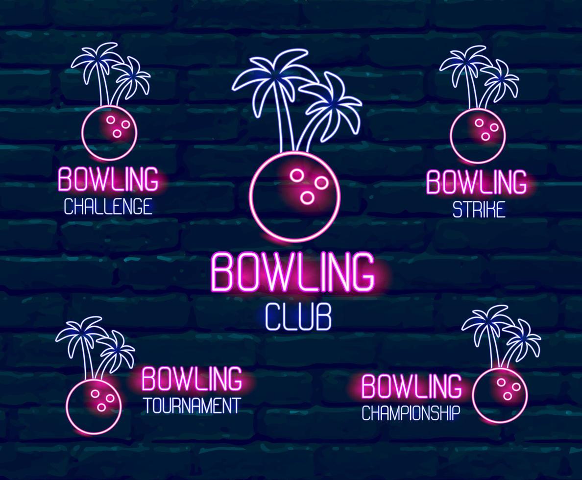 Set of neon logos in pink-blue colors. Collection of 5 vector illustrations for tropical bowling for tournament, challenge, championship, club with bowling ball and palm trees against dark brick wall