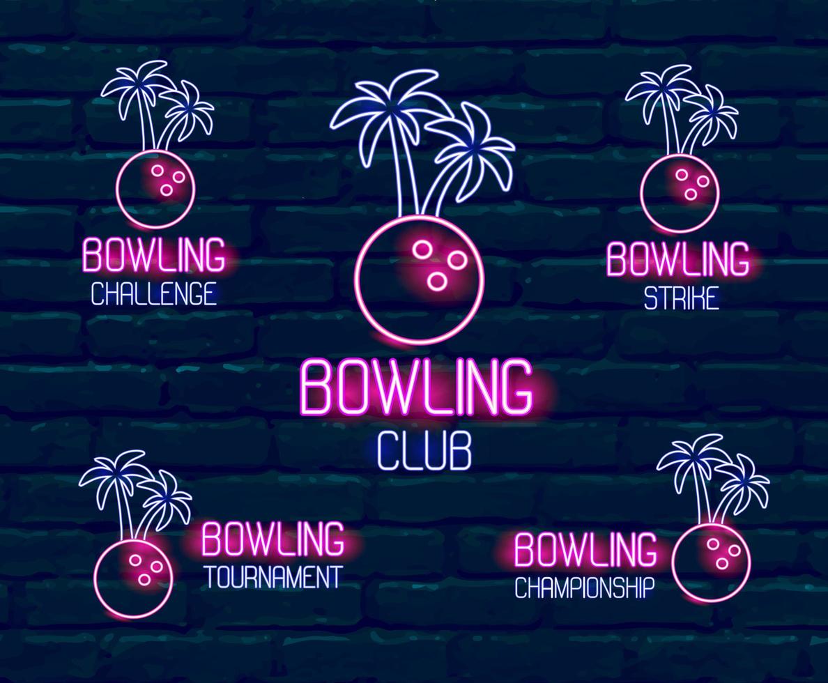 conjunto de logotipos de neón en colores rosa-azul. colección de 5 ilustraciones vectoriales para bolos tropicales para torneo, desafío, campeonato, club con boliche y palmeras contra la pared de ladrillo oscuro vector