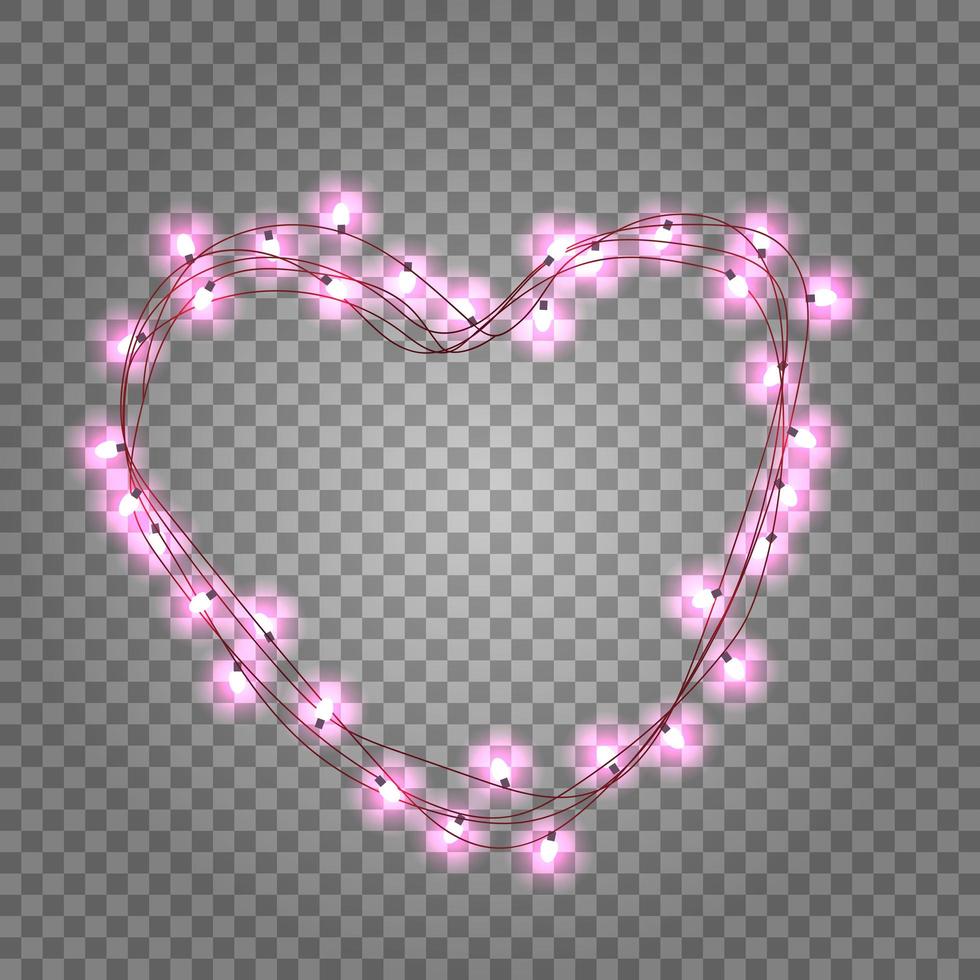 Pink light bulbs in heart shaped frame on transparent background. Holiday illumination made of garland wire for Happy Saint Valentine s day vector