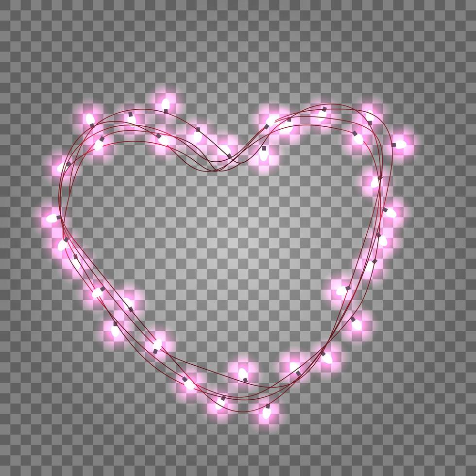 bombillas de luz rosa en marco en forma de corazón sobre fondo transparente. iluminación navideña hecha de alambre de guirnalda para feliz día de san valentín vector